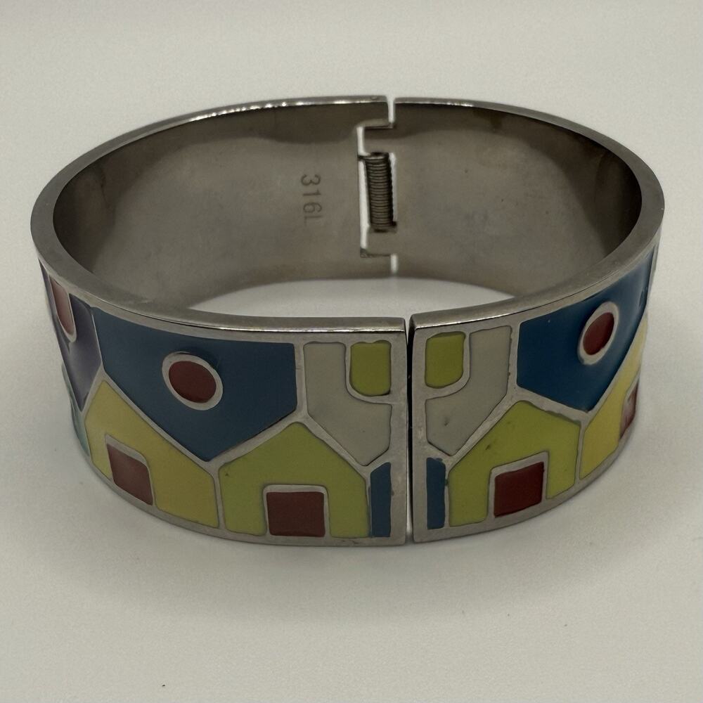 Stainless Steel Enamel Bangle Bracelet Hinged Colorful Houses Artisan‎ 6.75”